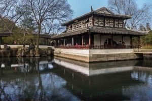 A quiet winter day in Suzhou, China with blue skies and a peaceful scene.